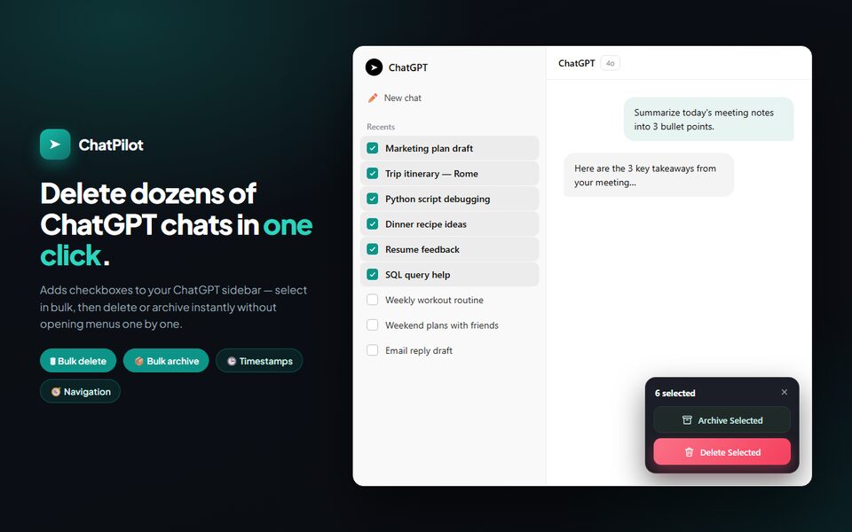 ChatPilot – ChatGPT Bulk Delete, Archive & Timestamps screenshot
