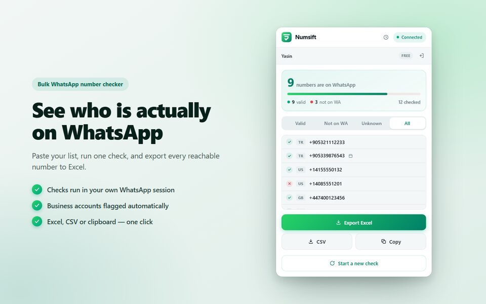 Numsift — Bulk WhatsApp Number Checker & Validator | Export to Excel screenshot
